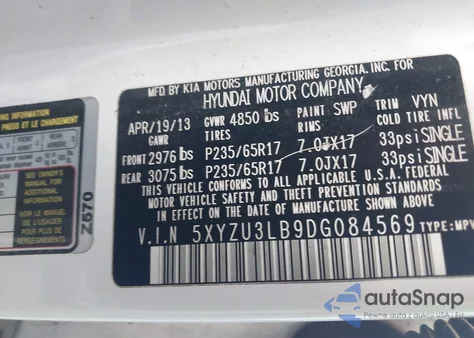 2013 Hyundai Santa Fe Sport from USA, damaged, VIN 5XYZU3LB9DG084569